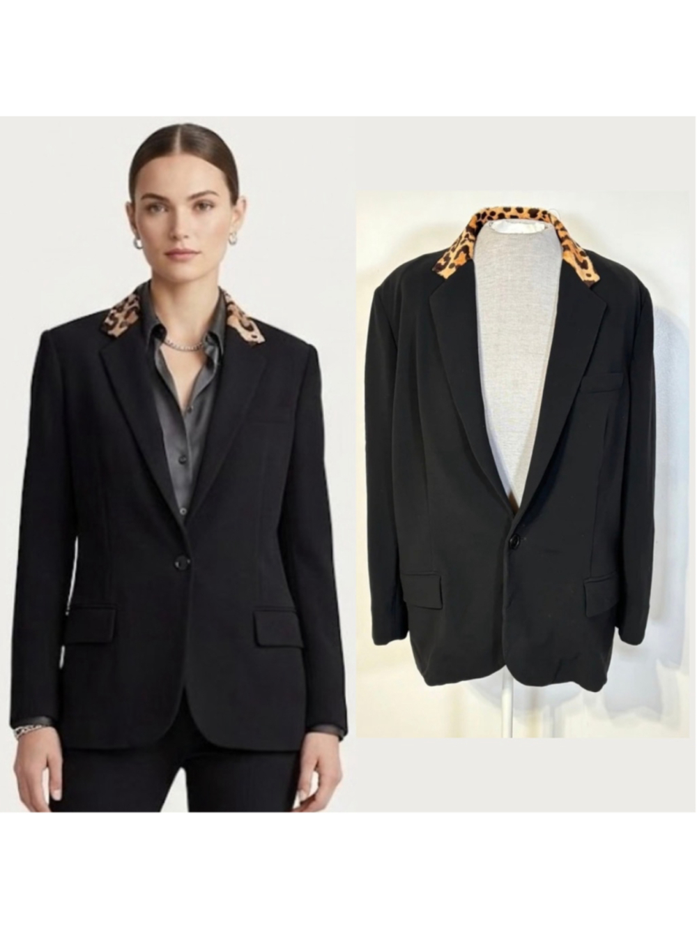 Ralph Lauren Black Label Blazer Women’s Size 16 Wool Calf Hair Collar Leopard